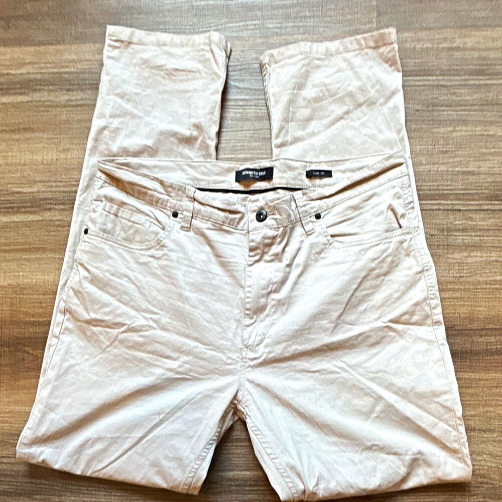 Kenneth Cole New York Mens Slim Fit Straight Leg Denim Jeans Beige 34W